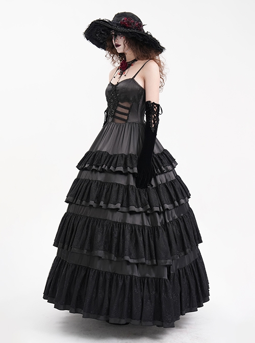 Black Fluffy Sexy Suspenders Pleated Lace Trim Gothic Style Sleeveless Dress