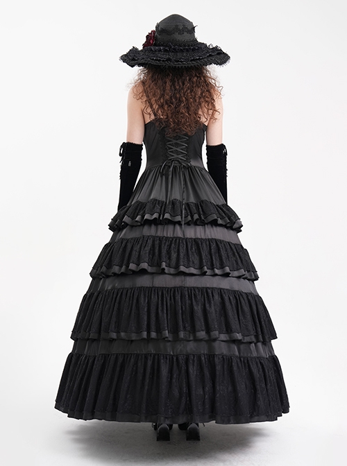 Black Fluffy Sexy Suspenders Pleated Lace Trim Gothic Style Sleeveless Dress