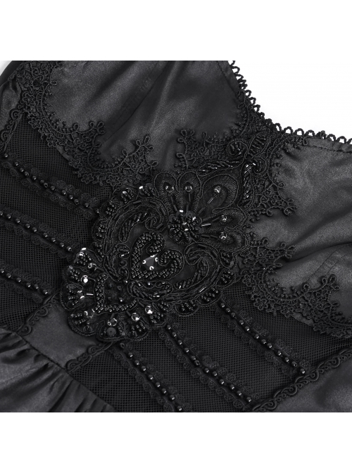 Black Fluffy Sexy Suspenders Pleated Lace Trim Gothic Style Sleeveless Dress