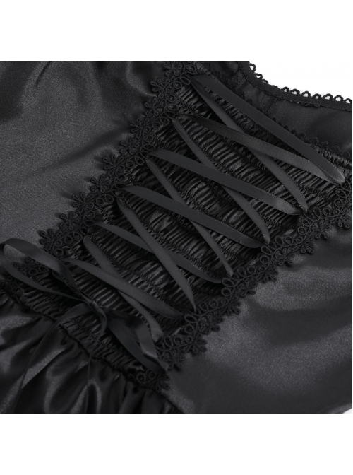 Black Fluffy Sexy Suspenders Pleated Lace Trim Gothic Style Sleeveless Dress