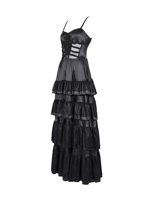 Black Fluffy Sexy Suspenders Pleated Lace Trim Gothic Style Sleeveless Dress