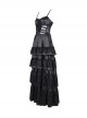 Black Fluffy Sexy Suspenders Pleated Lace Trim Gothic Style Sleeveless Dress
