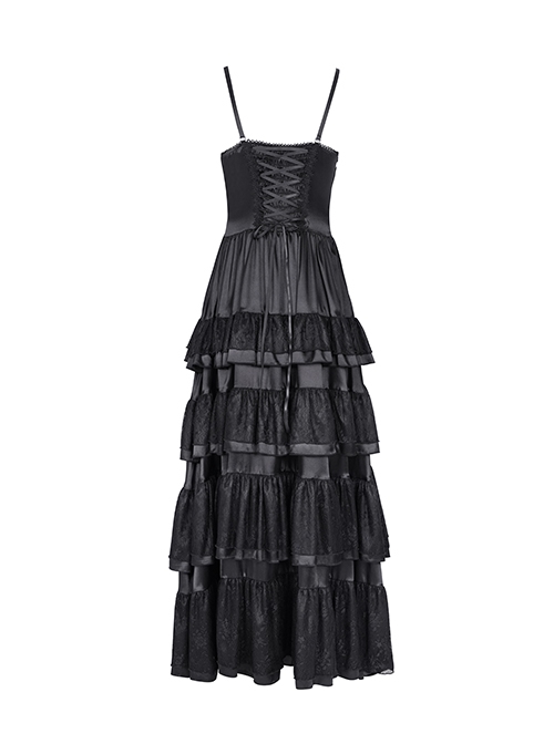 Black Fluffy Sexy Suspenders Pleated Lace Trim Gothic Style Sleeveless Dress