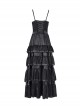 Black Fluffy Sexy Suspenders Pleated Lace Trim Gothic Style Sleeveless Dress