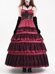 Wine Red Fluffy Sexy Suspenders Pleated Lace Trim Gothic Style Sleeveless Dress