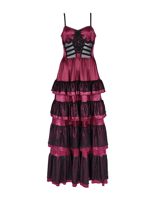 Wine Red Fluffy Sexy Suspenders Pleated Lace Trim Gothic Style Sleeveless Dress
