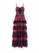 Wine Red Fluffy Sexy Suspenders Pleated Lace Trim Gothic Style Sleeveless Dress
