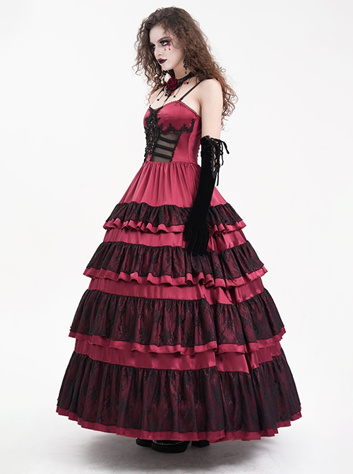 Wine Red Fluffy Sexy Suspenders Pleated Lace Trim Gothic Style Sleeveless Dress