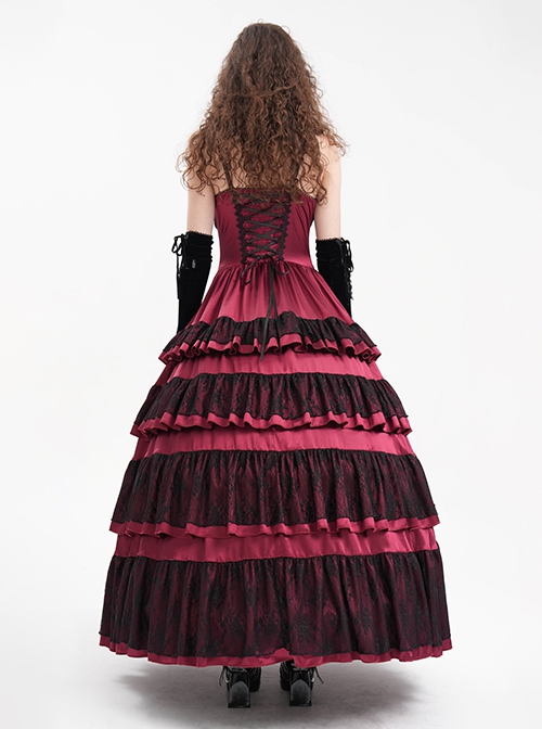 Wine Red Fluffy Sexy Suspenders Pleated Lace Trim Gothic Style Sleeveless Dress