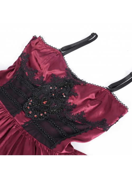 Wine Red Fluffy Sexy Suspenders Pleated Lace Trim Gothic Style Sleeveless Dress