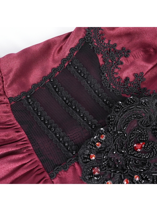 Wine Red Fluffy Sexy Suspenders Pleated Lace Trim Gothic Style Sleeveless Dress