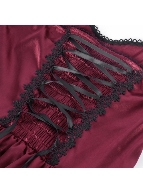 Wine Red Fluffy Sexy Suspenders Pleated Lace Trim Gothic Style Sleeveless Dress