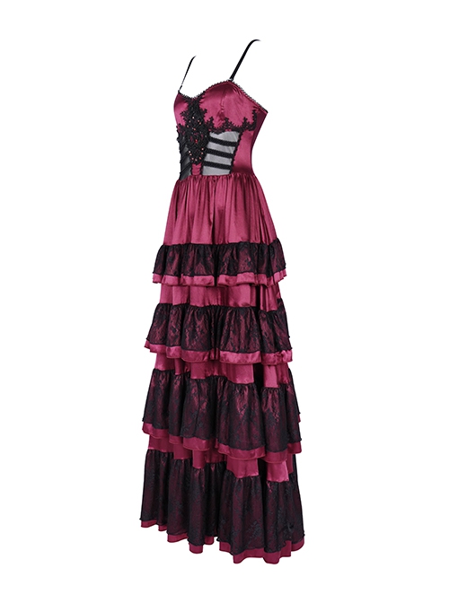 Wine Red Fluffy Sexy Suspenders Pleated Lace Trim Gothic Style Sleeveless Dress