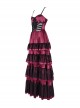 Wine Red Fluffy Sexy Suspenders Pleated Lace Trim Gothic Style Sleeveless Dress