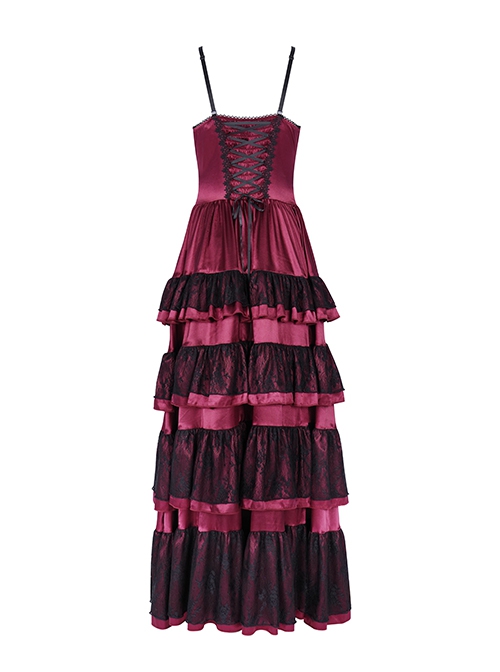 Wine Red Fluffy Sexy Suspenders Pleated Lace Trim Gothic Style Sleeveless Dress