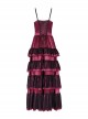 Wine Red Fluffy Sexy Suspenders Pleated Lace Trim Gothic Style Sleeveless Dress