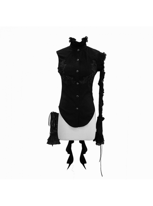 Black Asymmetric Twining Lace Sleeves Swallowtail Hem Gothic Shirt