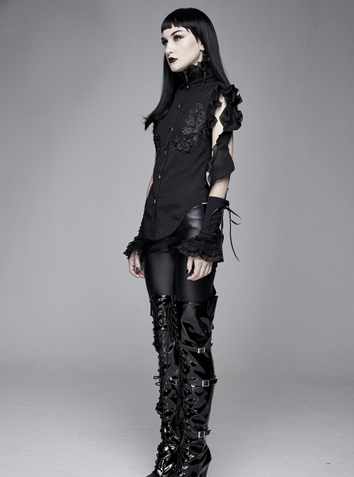 Black Asymmetric Twining Lace Sleeves Swallowtail Hem Gothic Shirt