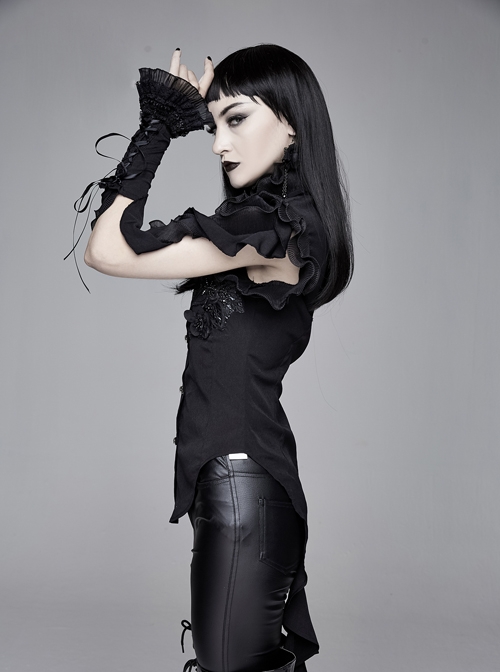 Black Asymmetric Twining Lace Sleeves Swallowtail Hem Gothic Shirt