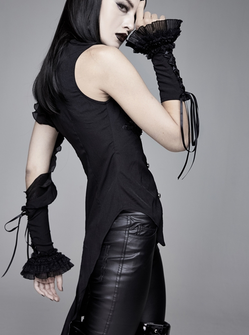 Black Asymmetric Twining Lace Sleeves Swallowtail Hem Gothic Shirt