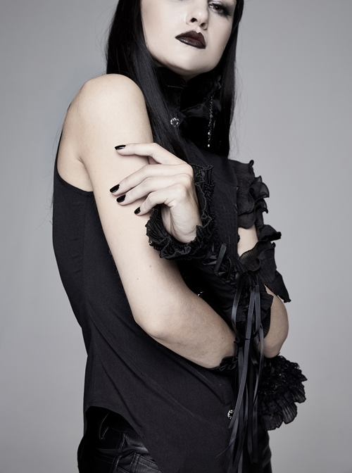Black Asymmetric Twining Lace Sleeves Swallowtail Hem Gothic Shirt