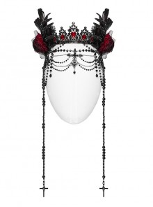 Black And Red Gemstone Cross Carved Side Tassel Feather Decoration Gothic Style Mysterious Crown Headdress