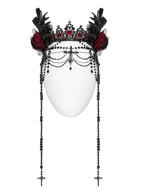 Black And Red Gemstone Cross Carved Side Tassel Feather Decoration Gothic Style Mysterious Crown Headdress