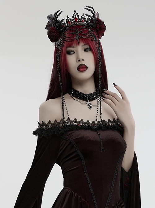 Black And Red Gemstone Cross Carved Side Tassel Feather Decoration Gothic Style Mysterious Crown Headdress