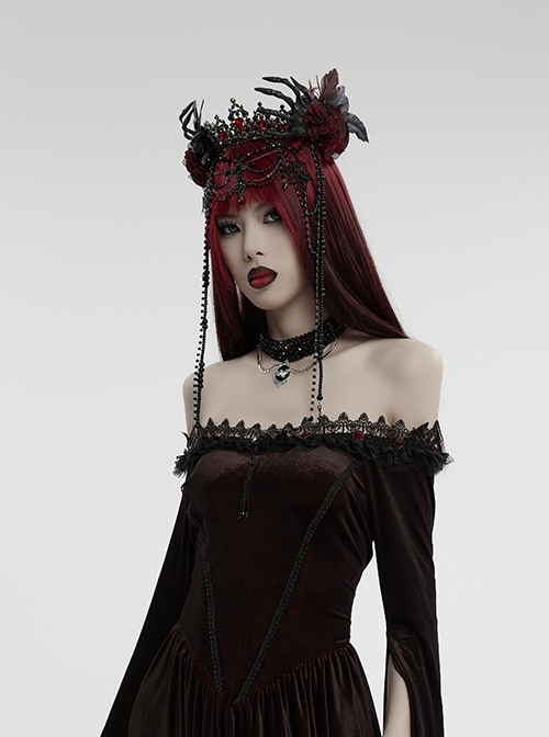 Black And Red Gemstone Cross Carved Side Tassel Feather Decoration Gothic Style Mysterious Crown Headdress