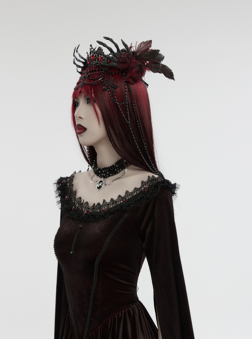 Black And Red Gemstone Cross Carved Side Tassel Feather Decoration Gothic Style Mysterious Crown Headdress