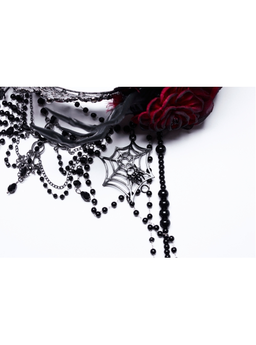Black And Red Gemstone Cross Carved Side Tassel Feather Decoration Gothic Style Mysterious Crown Headdress