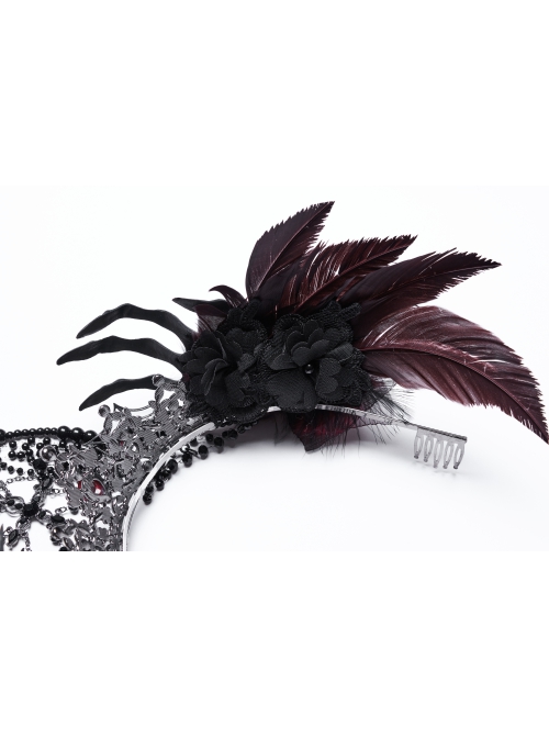 Black And Red Gemstone Cross Carved Side Tassel Feather Decoration Gothic Style Mysterious Crown Headdress