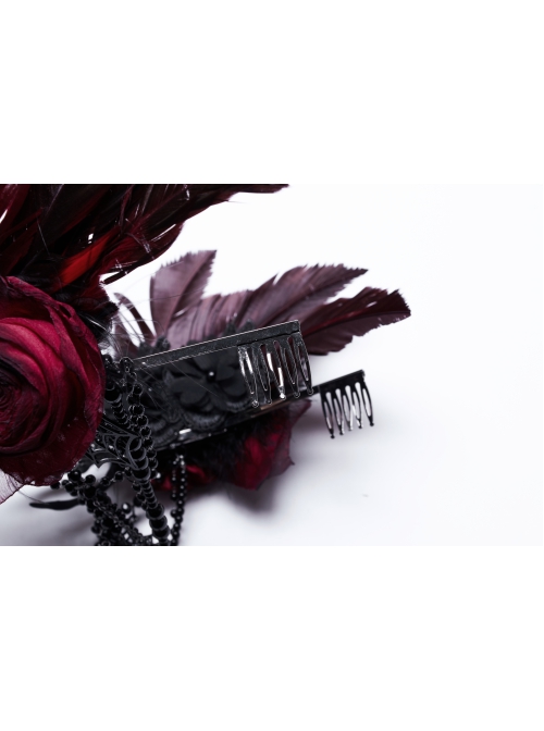 Black And Red Gemstone Cross Carved Side Tassel Feather Decoration Gothic Style Mysterious Crown Headdress
