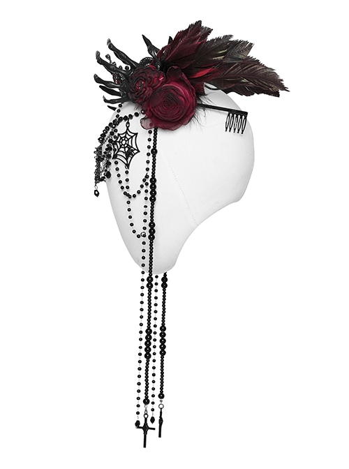 Black And Red Gemstone Cross Carved Side Tassel Feather Decoration Gothic Style Mysterious Crown Headdress
