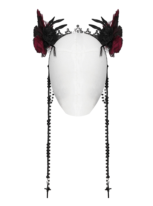 Black And Red Gemstone Cross Carved Side Tassel Feather Decoration Gothic Style Mysterious Crown Headdress