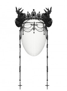 Black Gemstone Cross Carved Side Tassel Feather Decoration Gothic Style Mysterious Crown Headdress