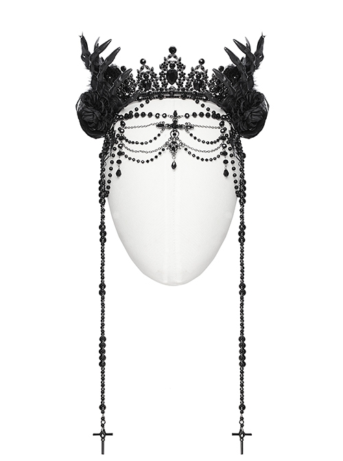 Black Gemstone Cross Carved Side Tassel Feather Decoration Gothic Style Mysterious Crown Headdress