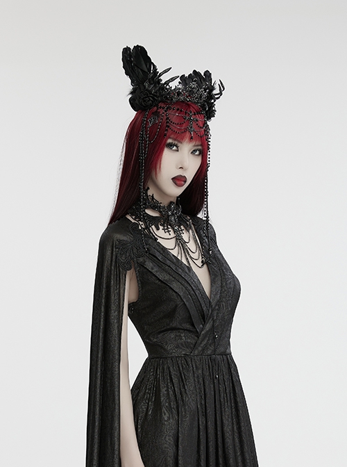 Black Gemstone Cross Carved Side Tassel Feather Decoration Gothic Style Mysterious Crown Headdress