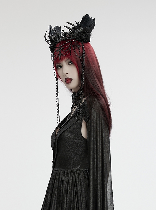 Black Gemstone Cross Carved Side Tassel Feather Decoration Gothic Style Mysterious Crown Headdress