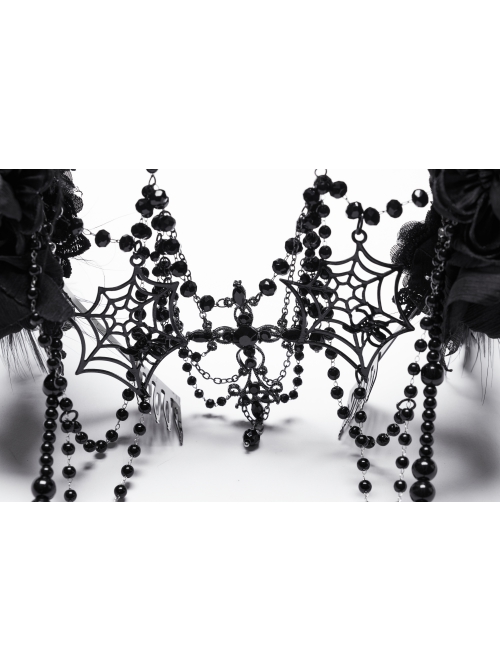 Black Gemstone Cross Carved Side Tassel Feather Decoration Gothic Style Mysterious Crown Headdress