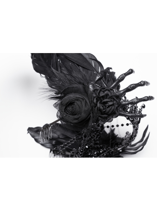 Black Gemstone Cross Carved Side Tassel Feather Decoration Gothic Style Mysterious Crown Headdress
