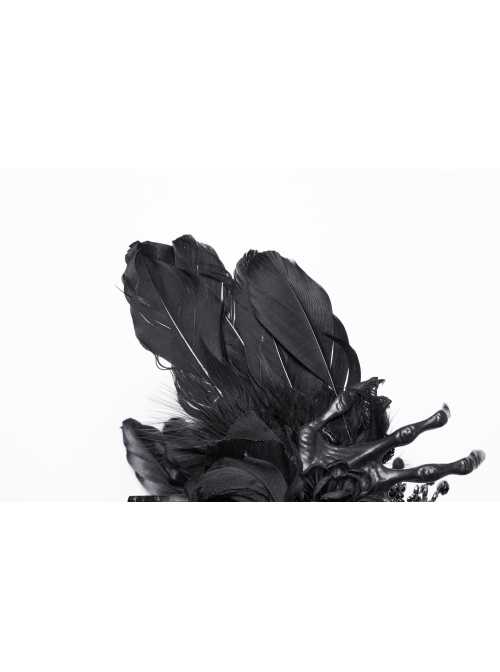 Black Gemstone Cross Carved Side Tassel Feather Decoration Gothic Style Mysterious Crown Headdress