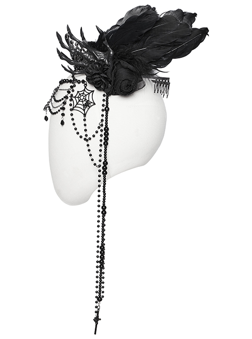 Black Gemstone Cross Carved Side Tassel Feather Decoration Gothic Style Mysterious Crown Headdress