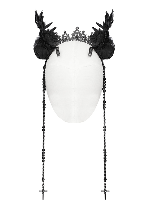 Black Gemstone Cross Carved Side Tassel Feather Decoration Gothic Style Mysterious Crown Headdress