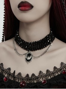 Noble Black And Silver Stacked Crystal Beads Front Center Three Dimensional Bat Pendant Gothic Style Exquisite Necklace
