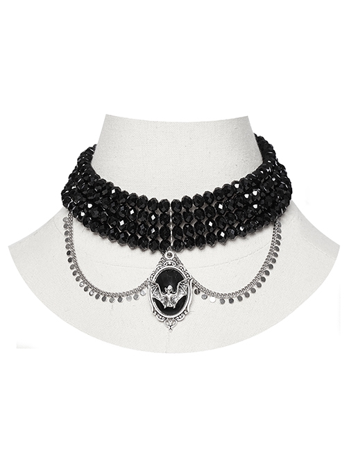 Noble Black And Silver Stacked Crystal Beads Front Center Three Dimensional Bat Pendant Gothic Style Exquisite Necklace
