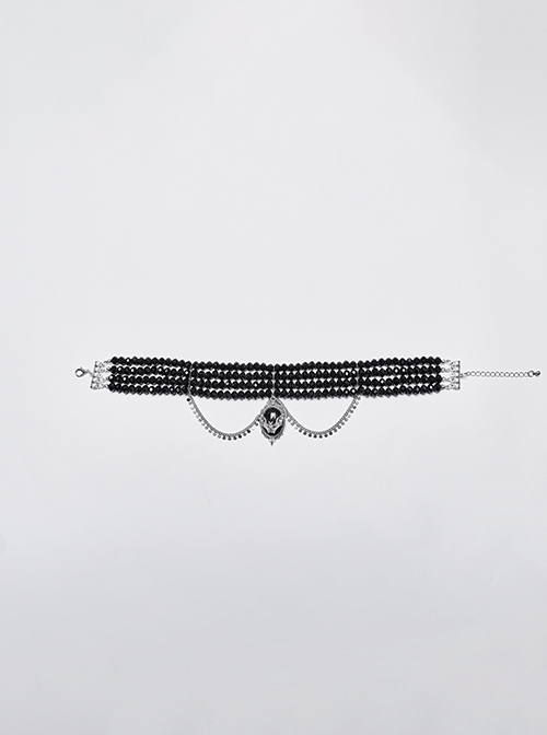 Noble Black And Silver Stacked Crystal Beads Front Center Three Dimensional Bat Pendant Gothic Style Exquisite Necklace
