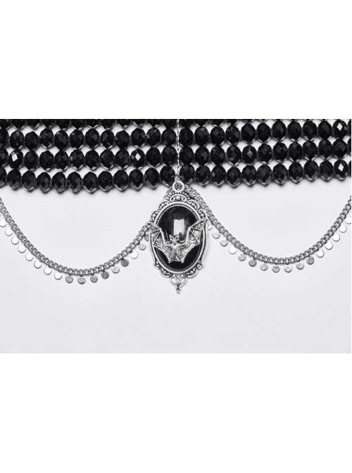 Noble Black And Silver Stacked Crystal Beads Front Center Three Dimensional Bat Pendant Gothic Style Exquisite Necklace