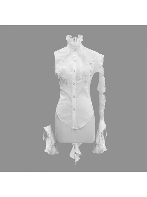 White Asymmetric Twining Lace Sleeves Swallowtail Hem Gothic Shirt