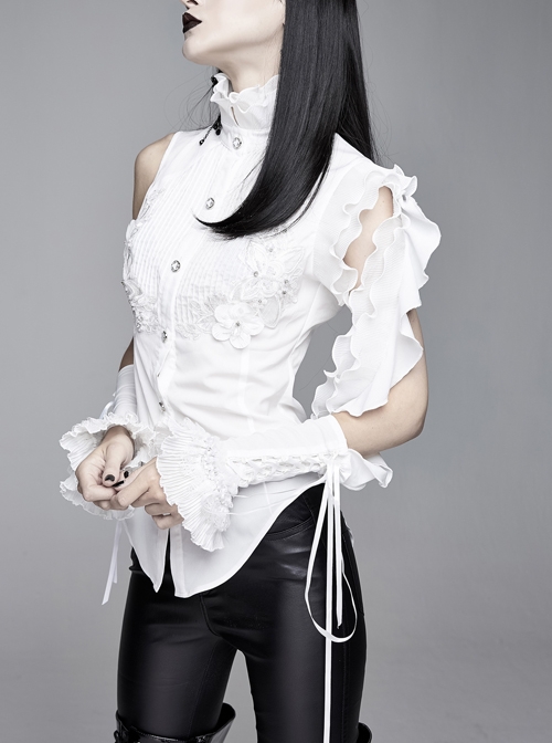 White Asymmetric Twining Lace Sleeves Swallowtail Hem Gothic Shirt